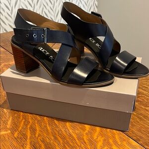 Navy Chunky Heel Sandals with Leather Straps